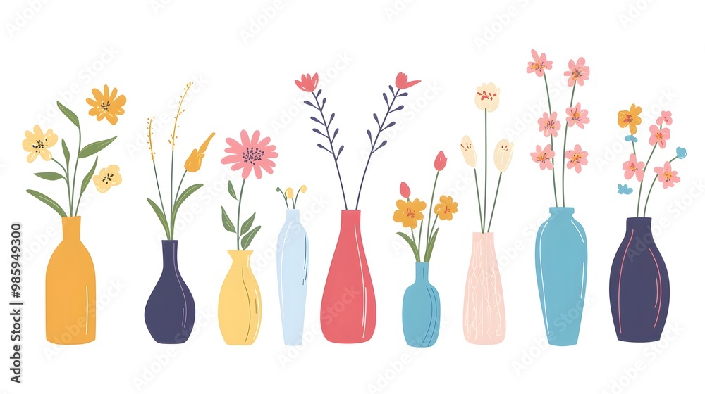 A set of cute flower illustrations in vase clip art, each featuring colorful spring blooms and vases with simple shapes and flat colors. A set of cute flower illustrations in vase clip art, each featuring colorful spring blooms and vases with simple shapes and flat colors.