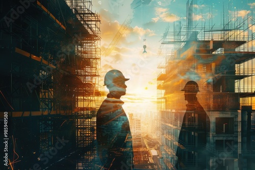 Wallpaper Mural Engineers in Side Building Construction. double exposure Torontodigital.ca
