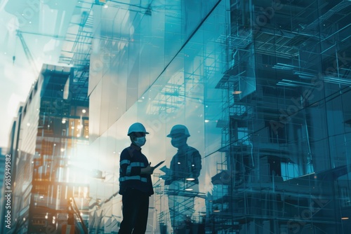 Wallpaper Mural Engineers in Side Building Construction. double exposure Torontodigital.ca