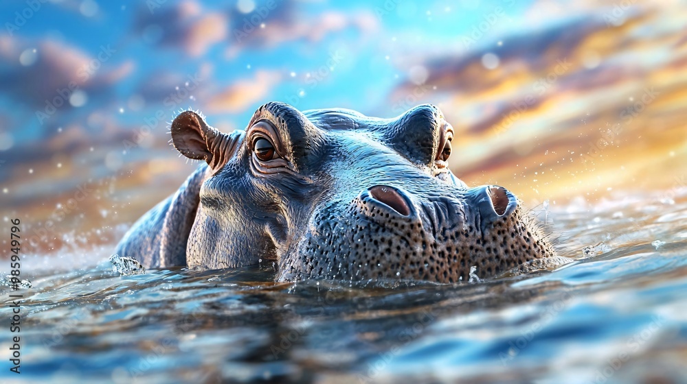 Fototapeta premium A majestic hippopotamus emerging from water, surrounded by a vibrant sunset sky reflecting on the surface. Nature in harmony.