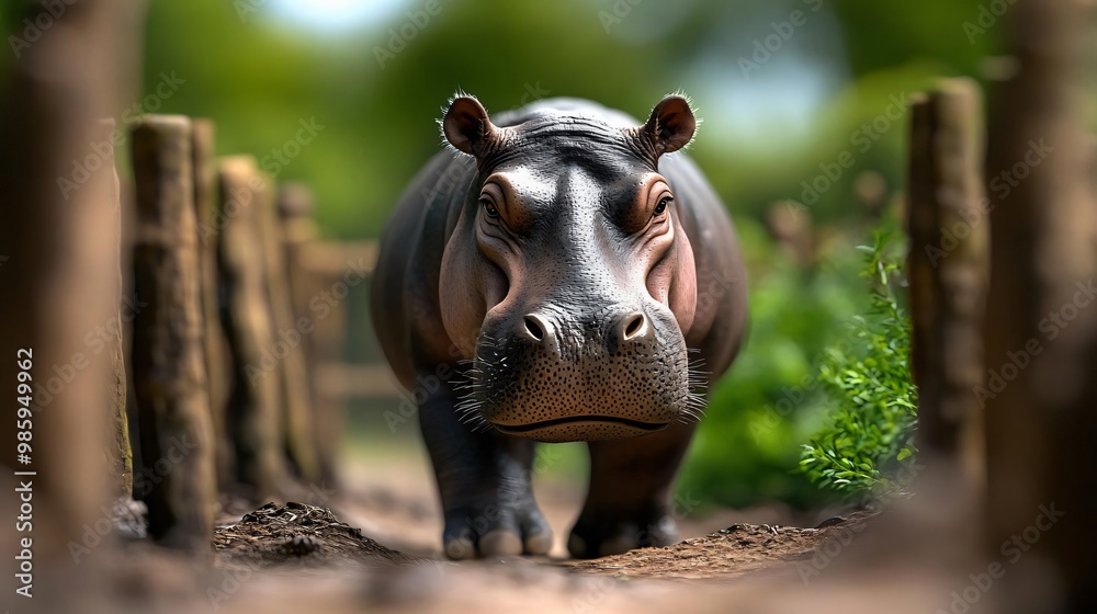 A majestic hippopotamus walking towards the camera in a serene natural setting, surrounded by greenery and wooden fences. A majestic hippopotamus walking towards the camera in a serene natural setting, surrounded by greenery and wooden fences.