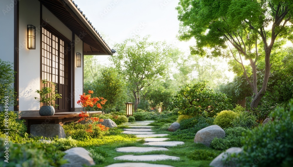 Japanese Garden with Stone Path and Lush Greenery Japanese Garden with Stone Path and Lush Greenery