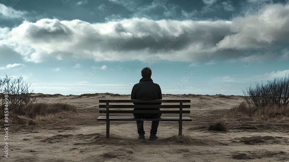 A lone figure sitting on a bench lost in deep contemplation of life s emptiness and the desolate landscape before them conveying a sense of loneliness and introspective melancholy A lone figure sitting on a bench lost in deep contemplation of life s emptiness and the desolate landscape before them conveying a sense of loneliness and introspective melancholy