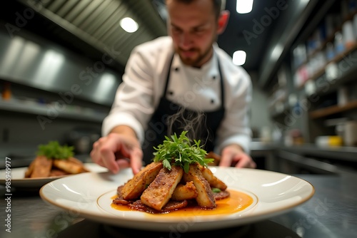 Close-up of a professional chef serving steak while working in the kitchen.