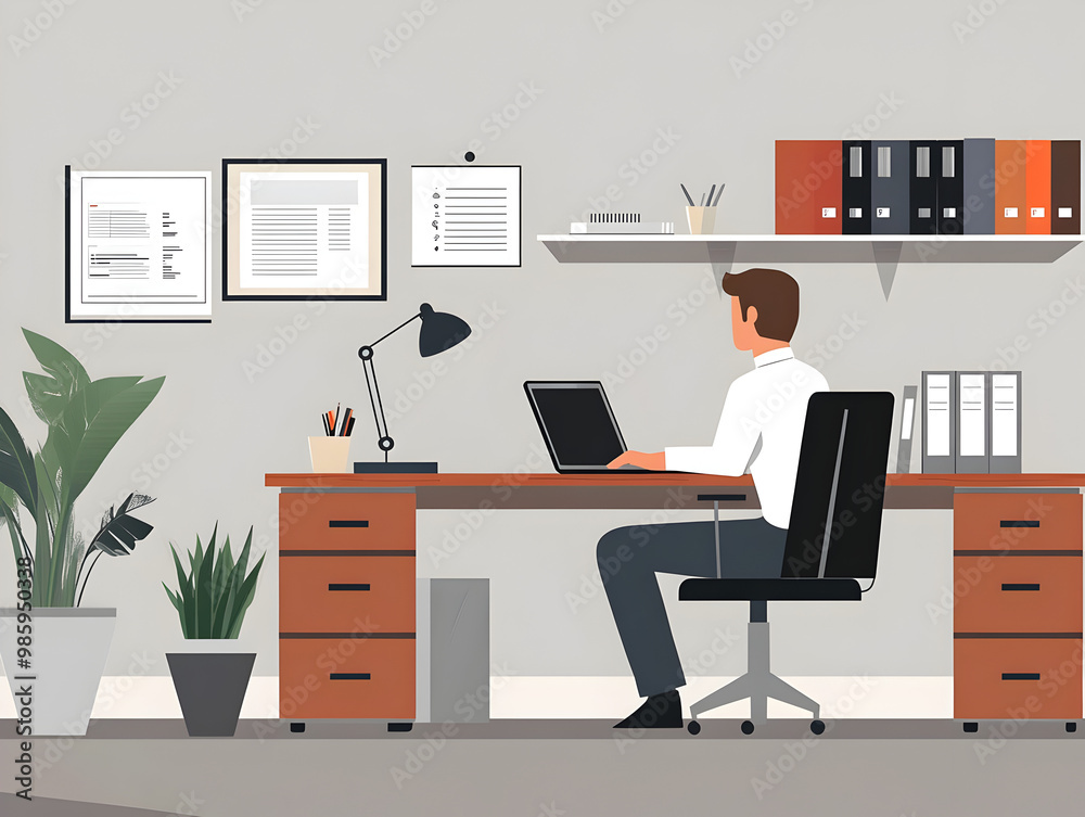 Fototapeta premium A simple office scene with a businessperson working at a laptop.