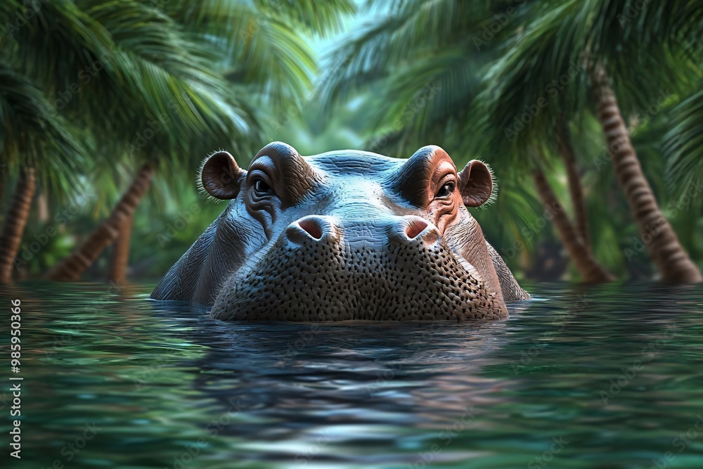 Fototapeta premium A serene hippo emerges from a tranquil water landscape surrounded by vibrant tropical plants.