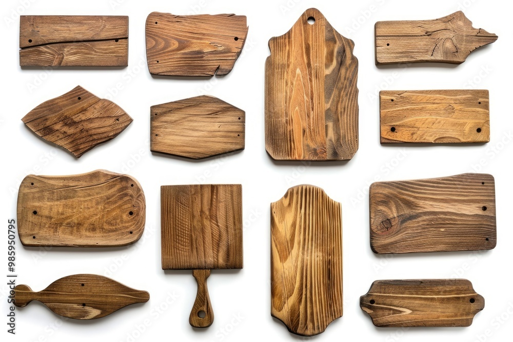 Naklejka premium A collection of wooden cutting boards on a white surface, suitable for various uses such as kitchen decor or cooking demonstration
