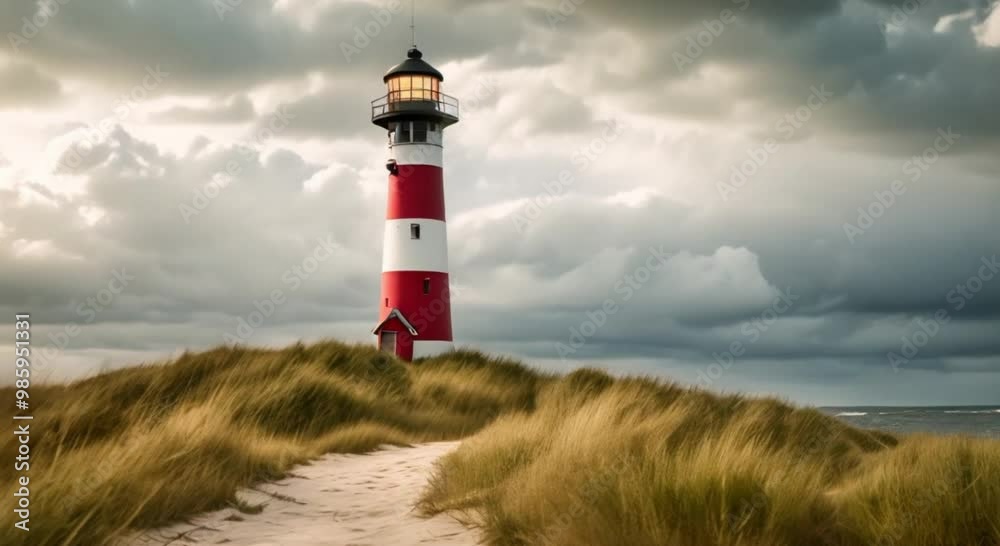 3d view of a lighthouse standing among the grass with a cloudy sky in the background 3d view of a lighthouse standing among the grass with a cloudy sky in the background