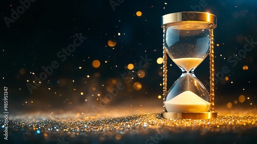 A stunning hourglass filled with sand, symbolizing the passage of time amidst a sparkling backdrop.