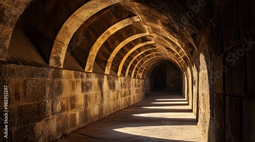 Stone Archway Passage with Sunlight Streaming Through
