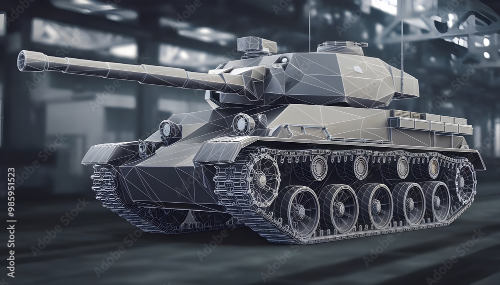Abstract vector tank in polygons, lines and geometric shapes. Digital polygonal modern German main battle tank. Technology low poly wireframe. 3D perspective view vector illustration. High resolution Abstract vector tank in polygons, lines and geometric shapes. Digital polygonal modern German main battle tank. Technology low poly wireframe. 3D perspective view vector illustration. High resolution