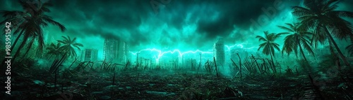 A surreal landscape featuring eerie green skies, lightning, and a desolate environment with scattered palm trees. photo