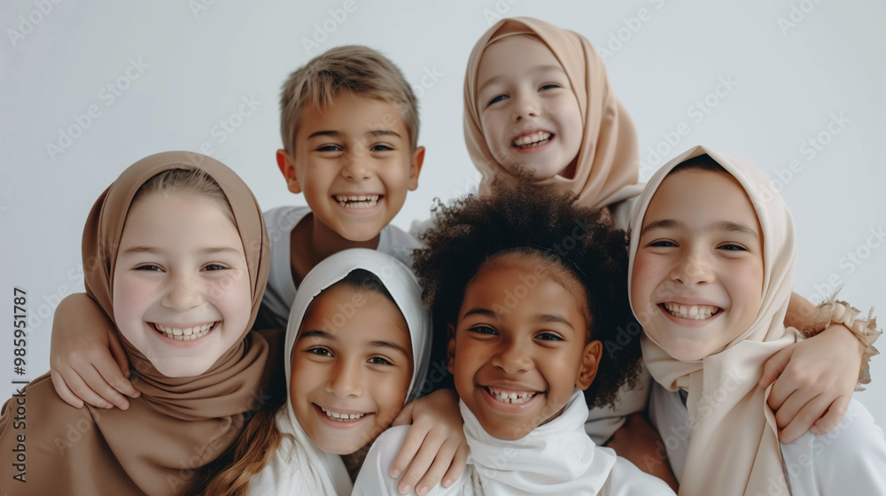 Diverse children joyfully assembled for a camera moment, celebrating harmony and unity. Diverse children joyfully assembled for a camera moment, celebrating harmony and unity.