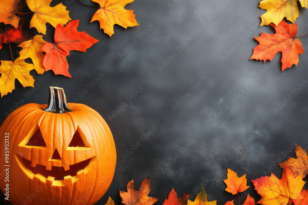 Smiling jack-o-lantern with autumn leaves for Halloween decoration AI generated Smiling jack-o-lantern with autumn leaves for Halloween decoration AI generated