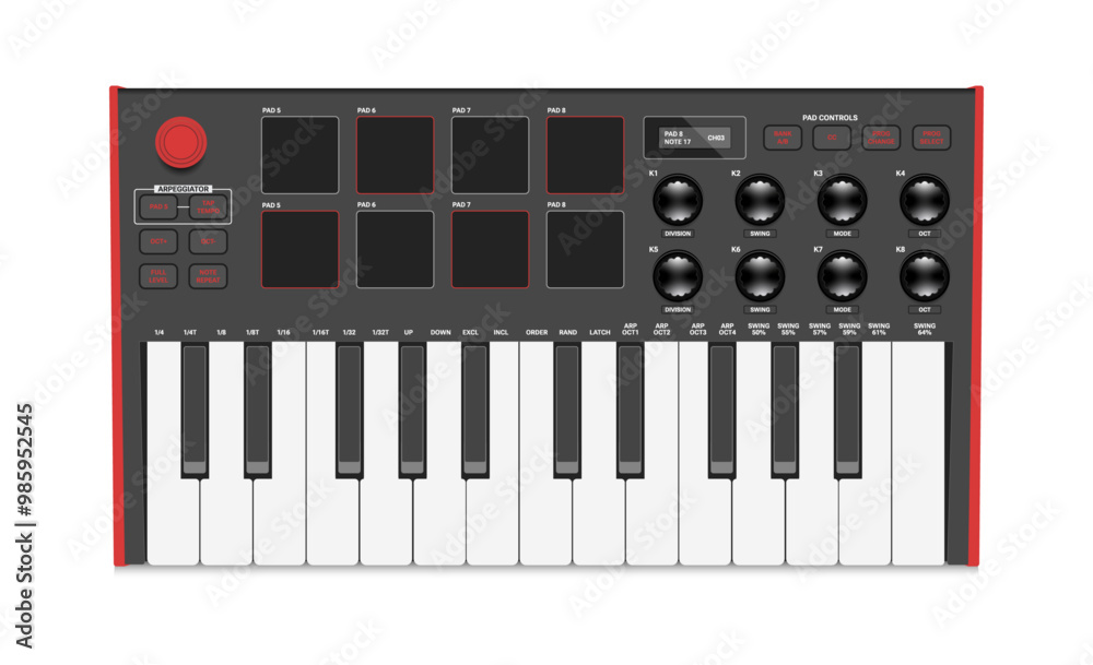 Small synthesizer, MIDI controller. Two octaves keyboard, drum pads and knobs. Electronic music instrument. Small synthesizer, MIDI controller. Two octaves keyboard, drum pads and knobs. Electronic music instrument.