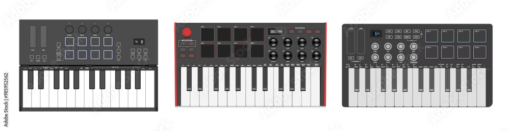Small synthesizers set, MIDI controller. Two octaves keyboard, drum pads and knobs. Electronic music instrument.
