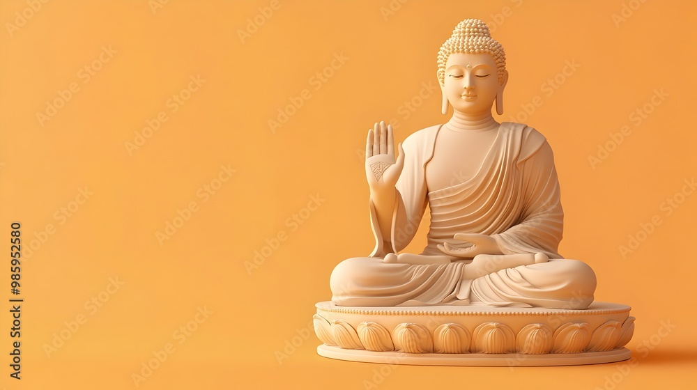 A serene 3D rendered of the Buddha sitting in a lotus position with a unifying hand gesture representing peace spirituality and enlightenment A serene 3D rendered of the Buddha sitting in a lotus position with a unifying hand gesture representing peace spirituality and enlightenment