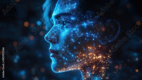 holographic network of interconnected nodes forming humanlike silhouette pulsating with electric blue energy abstract representation of ai consciousness against a dark backdrop