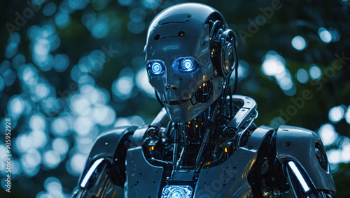 Humanoid robot - artificial intelligence and new technology Nature background