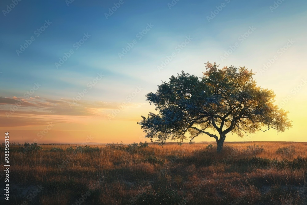 A single tree stands alone in a field at sunset A single tree stands alone in a field at sunset