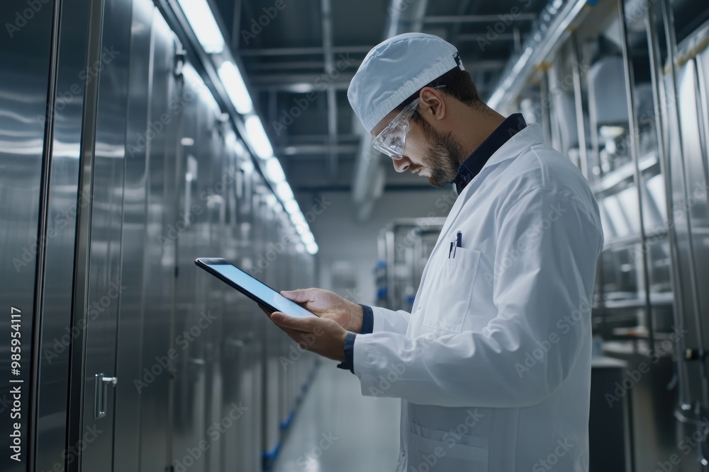 A man in a white lab coat using a tablet in a factory setting