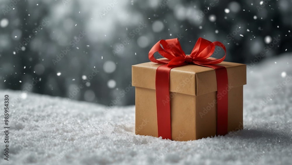 Festive gift box with a red ribbon in a snowy scene. Festive gift box with a red ribbon in a snowy scene.