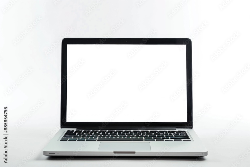 A laptop computer sitting on a table with a white screen, ready for use A laptop computer sitting on a table with a white screen, ready for use