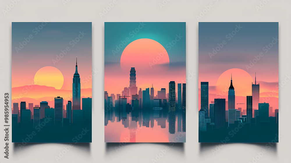 Fototapeta premium Three minimalist cityscape illustrations in a sunrise or sunset, with a large sun and a reflection of the buildings in the water below.