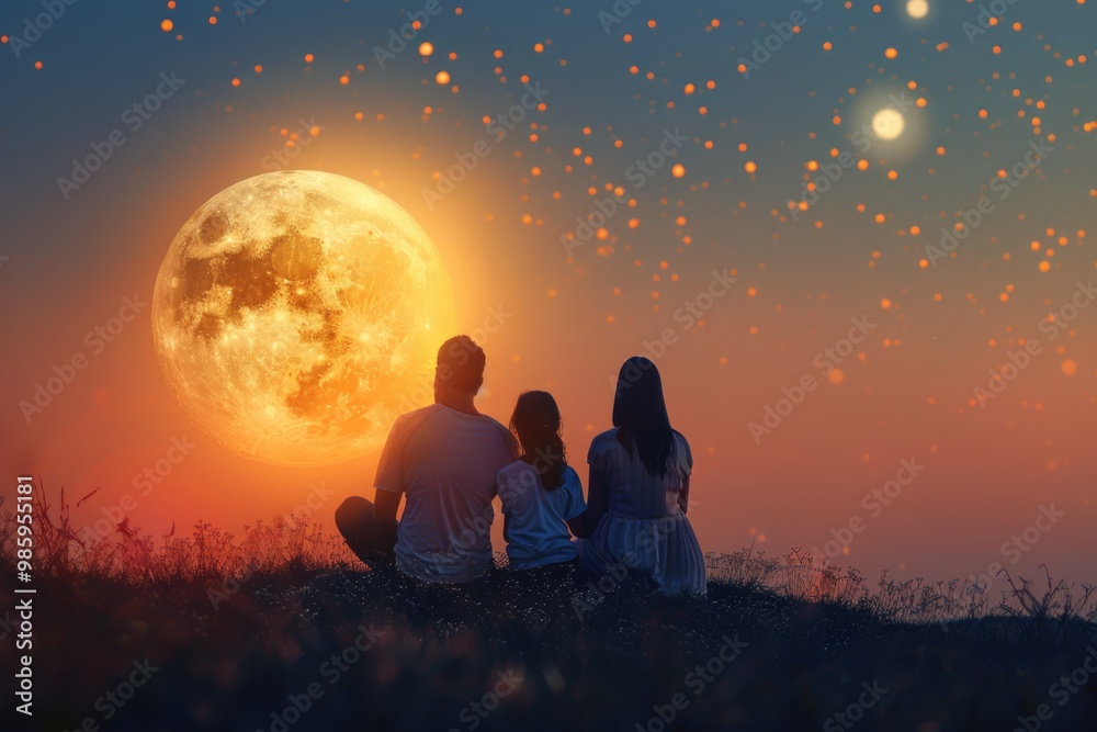 Group of people sitting on a hill admiring the full moon Group of people sitting on a hill admiring the full moon