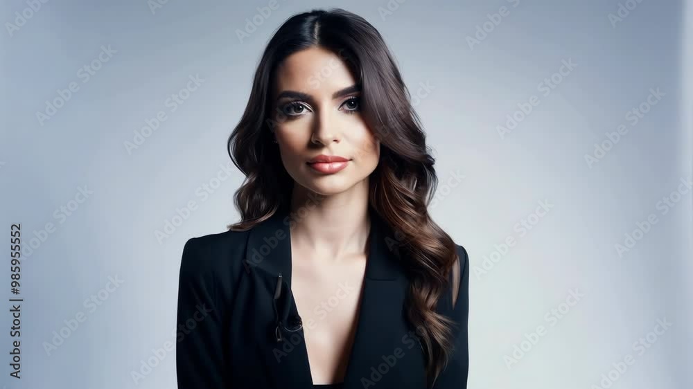 A confident woman, dressed in a sleek black blazer, with soft wavy hair, stands poised against a minimalistic studio backdrop. A confident woman, dressed in a sleek black blazer, with soft wavy hair, stands poised against a minimalistic studio backdrop.