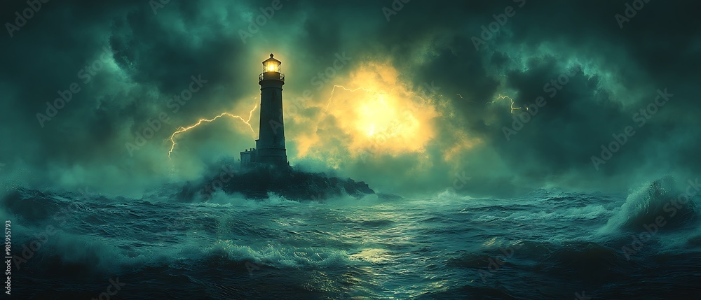 Tall lighthouse stands against a stormy sky with lightning and waves crashing in the sea. Tall lighthouse stands against a stormy sky with lightning and waves crashing in the sea.