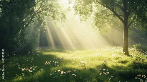 Beautiful meadow with trees and sunlight, with green grass, flowers, and sunlight shining.