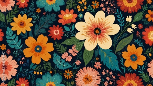 Floral pattern with spring-themed flat flower elements.