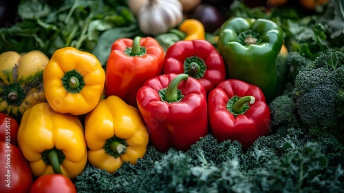 Colorful assortment of fresh vegetables at an organic farmers market, showcasing vibrant produce like bell peppers and tomatoes, emphasizing healthy eating and rich textures.