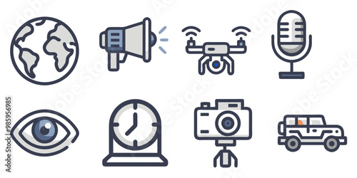 Collection of icons depicting communication, technology, and transportation themes