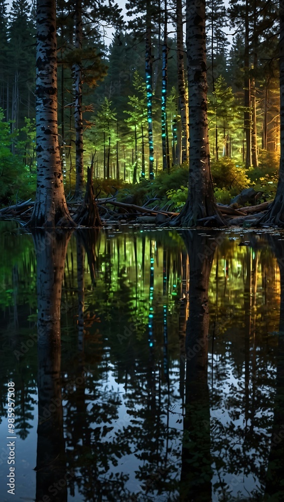 Forest with glowing, glass-like bark trees reflecting on a calm lake. Forest with glowing, glass-like bark trees reflecting on a calm lake.