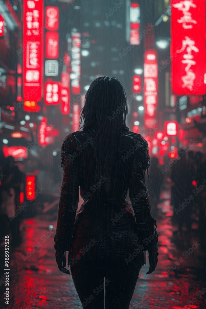 Mysterious Figure in Neon Urban Night Scene Mysterious Figure in Neon Urban Night Scene