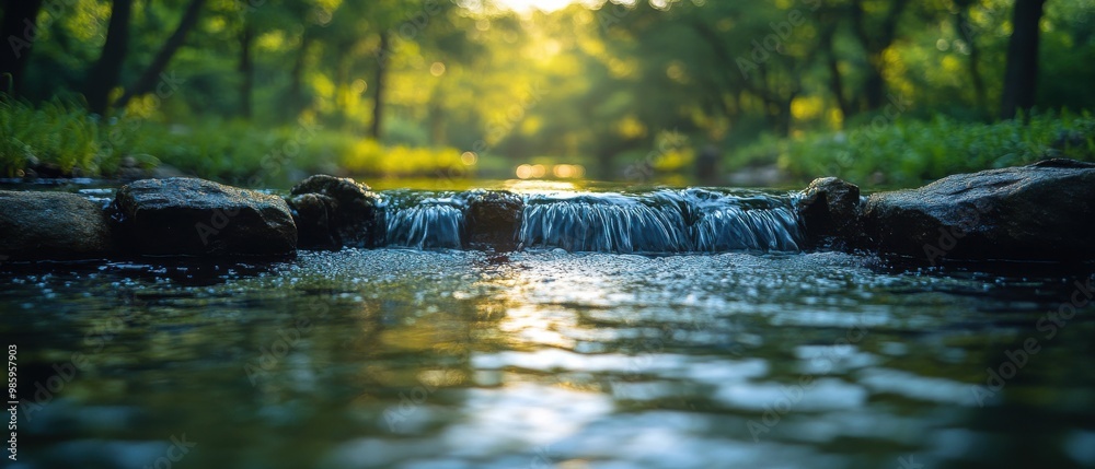 River Oasis: Serene Landscape with Lush Greenery and Warm Sunset Glow River Oasis: Serene Landscape with Lush Greenery and Warm Sunset Glow