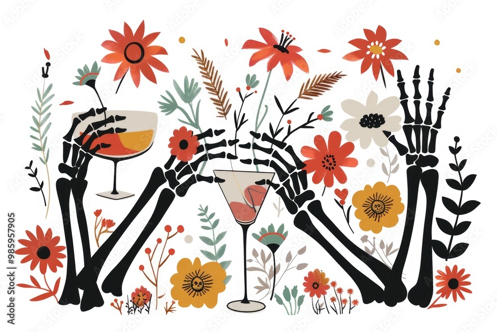 A group of skeleton hands grasping wine glasses in a eerie scene A group of skeleton hands grasping wine glasses in a eerie scene