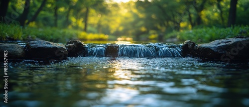 Wallpaper Mural River Oasis: Serene Landscape with Lush Greenery and Warm Sunset Glow Torontodigital.ca