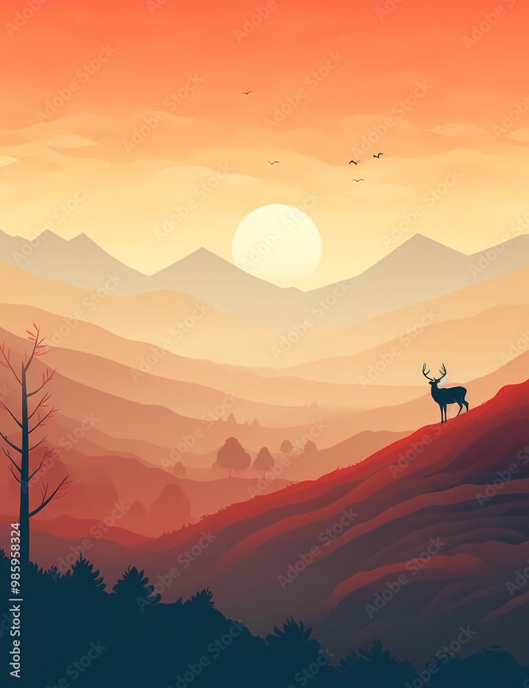 Fototapeta premium Majestic Mountain Sunset with a Deer Silhouette