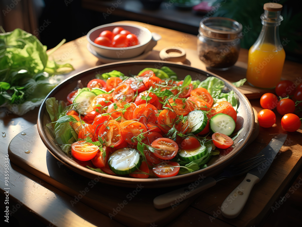 Generous Preparing healthy salad for diet at home with cherry tomatoes Generous Preparing healthy salad for diet at home with cherry tomatoes