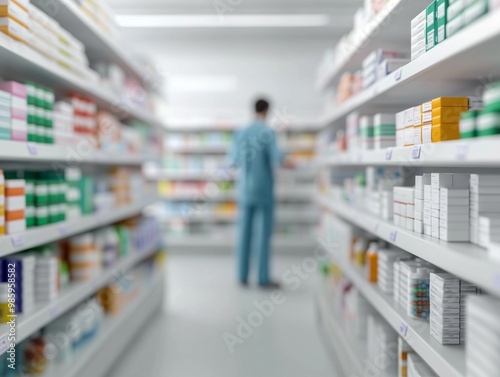 A blurred image of a pharmacist in a colorful drugstore aisle surrounded by medicine shelves, focusing on health and wellness.