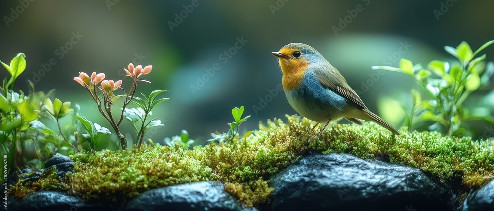 Naklejka premium Serene Bird's Perch: Tranquil Nature Scene with Vibrant Bird and Gentle Stream