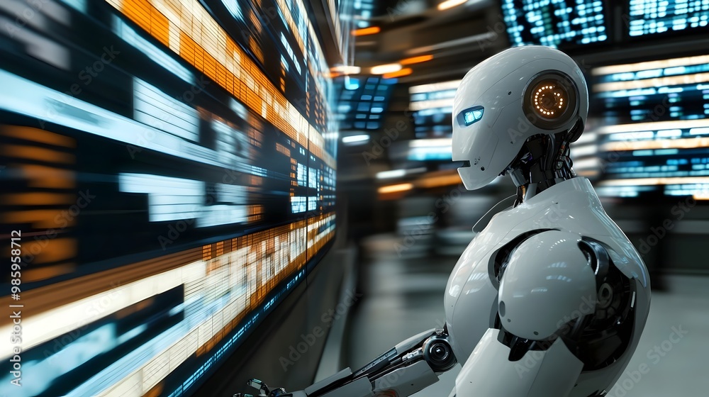 Advanced AI driven robot closely observing and reacting to a dynamic flow of market ticker data displayed across multiple digital screens