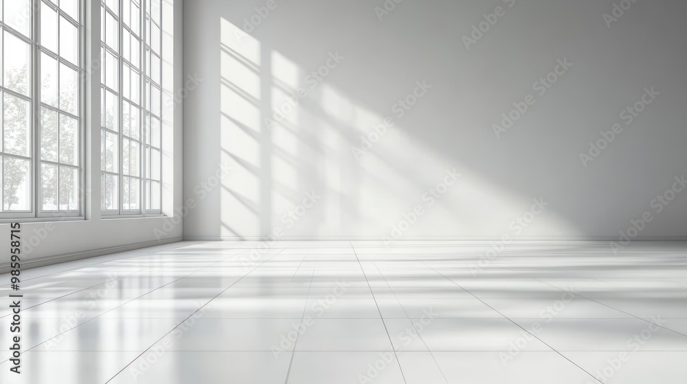 Bright sunlight illuminates a minimalist, open area with sleek, reflective flooring Bright sunlight illuminates a minimalist, open area with sleek, reflective flooring
