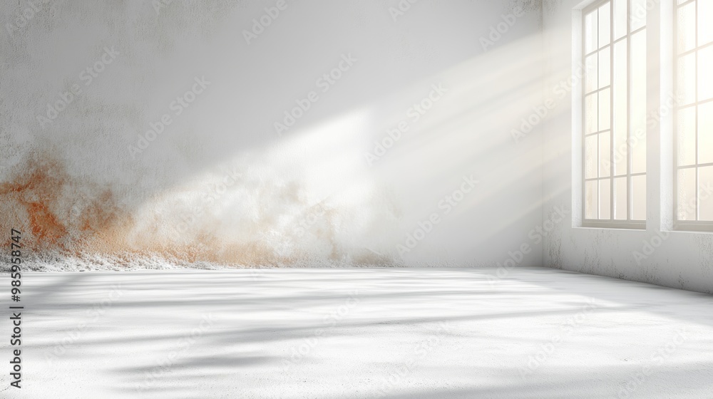 Sunlight pours into an empty room, creating a tranquil and ethereal atmosphere