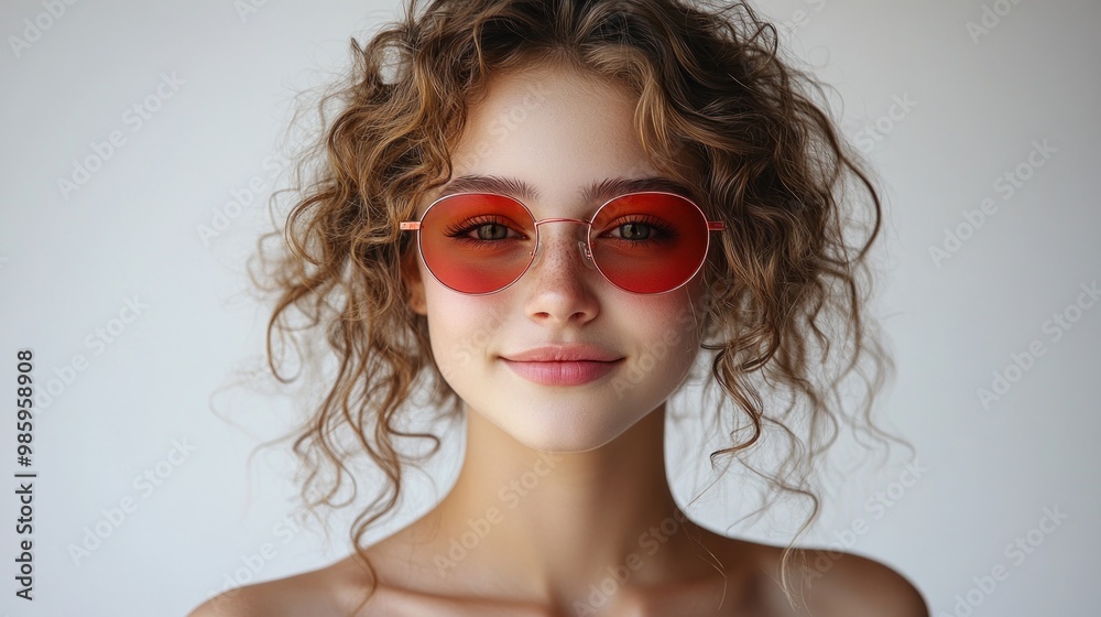 A trendy girl with curls shows confidence while wearing vibrant red sunglasses A trendy girl with curls shows confidence while wearing vibrant red sunglasses