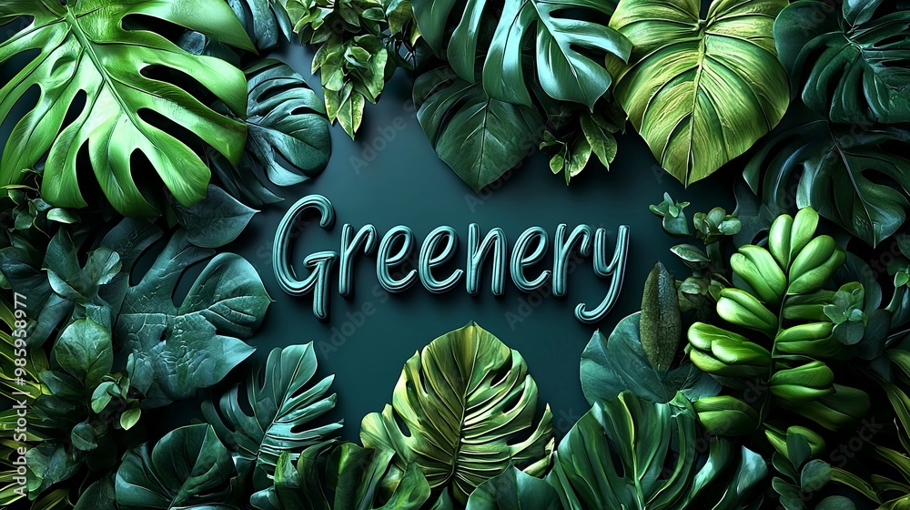Lush tropical greenery with decorative text centered in design Lush tropical greenery with decorative text centered in design
