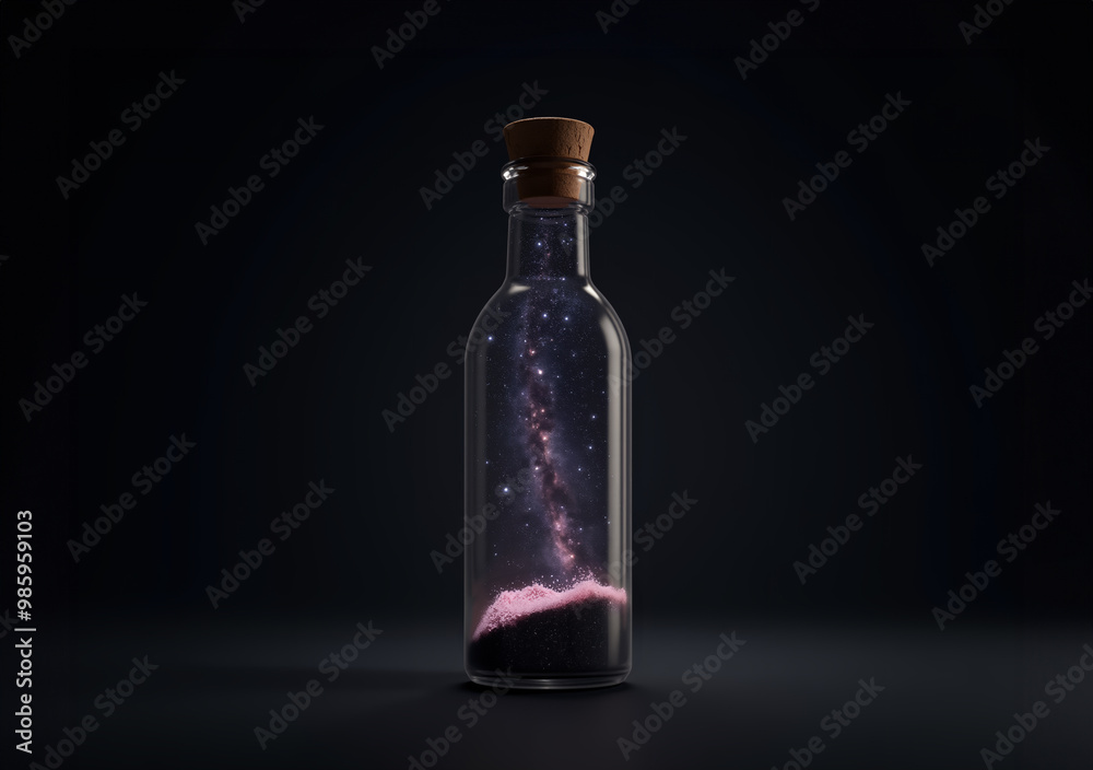 A glass bottle with a cork stopper containing a starry Milky Way galaxy, stardust accumulating on the bottom. Dark background highlights celestial beauty captured within, evoking wonder and imaginatio A glass bottle with a cork stopper containing a starry Milky Way galaxy, stardust accumulating on the bottom. Dark background highlights celestial beauty captured within, evoking wonder and imaginatio